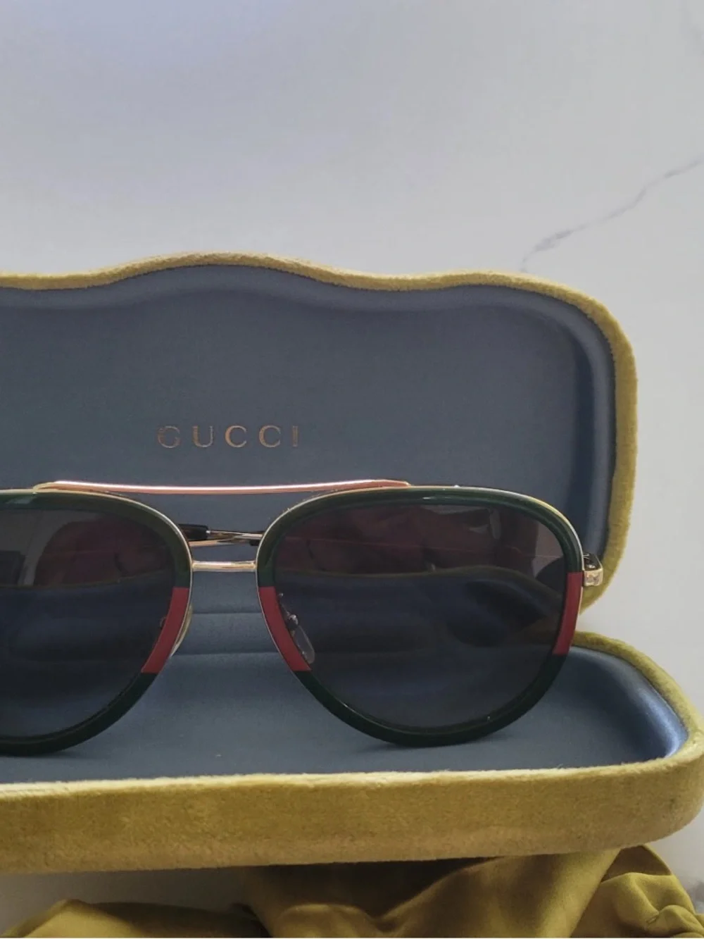 Gucci Green and Red Aviator Sunglasses with Gold Accents
